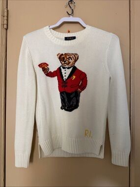 Polo by Ralph Lauren Cream Crewneck Sweater with Bear Intarsia and Red Jacket